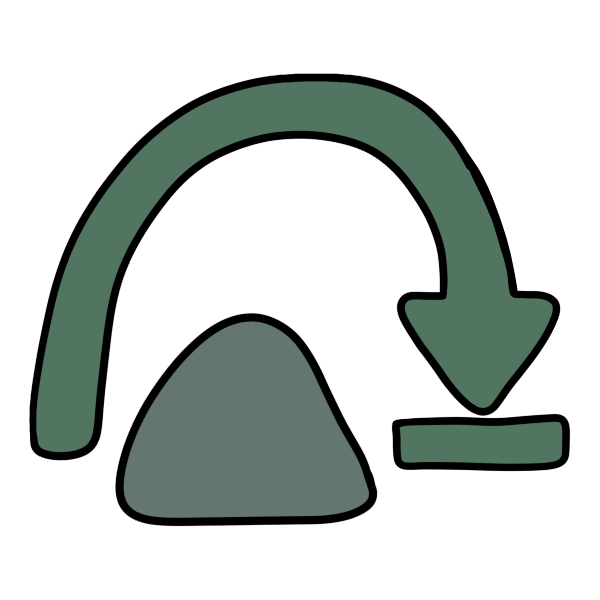 an arched green arrow above a light green blob points towards the right and down, ending at a small green dash.
